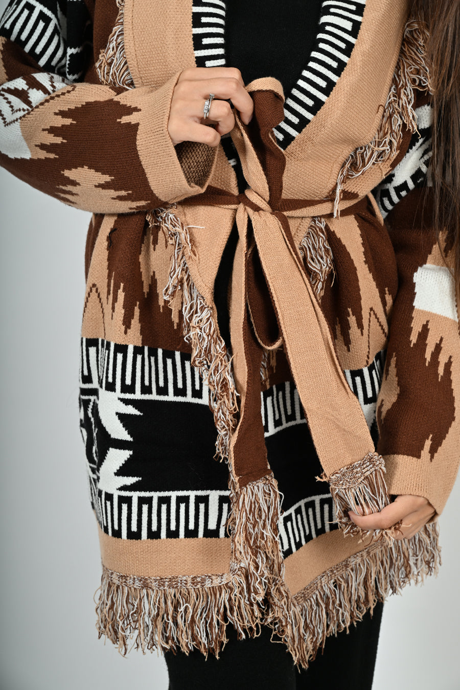 Cardigan in fantasia con frange lungo