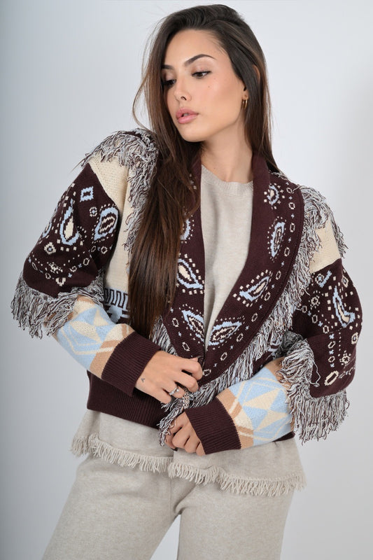 Cardigan in fantasia con frange corto