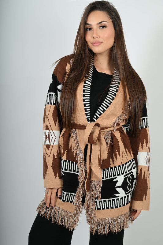 Cardigan in fantasia con frange lungo