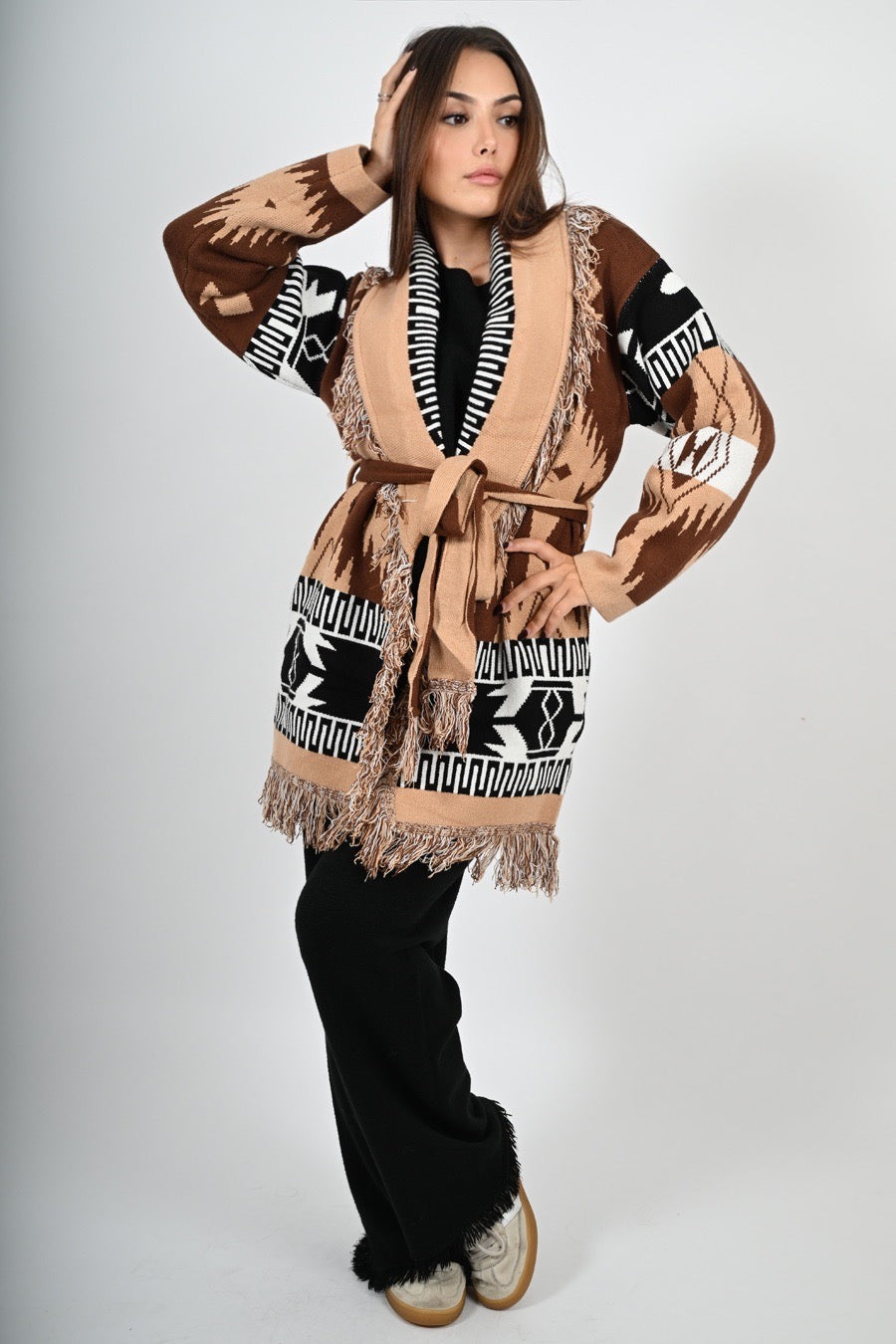 Cardigan in fantasia con frange lungo