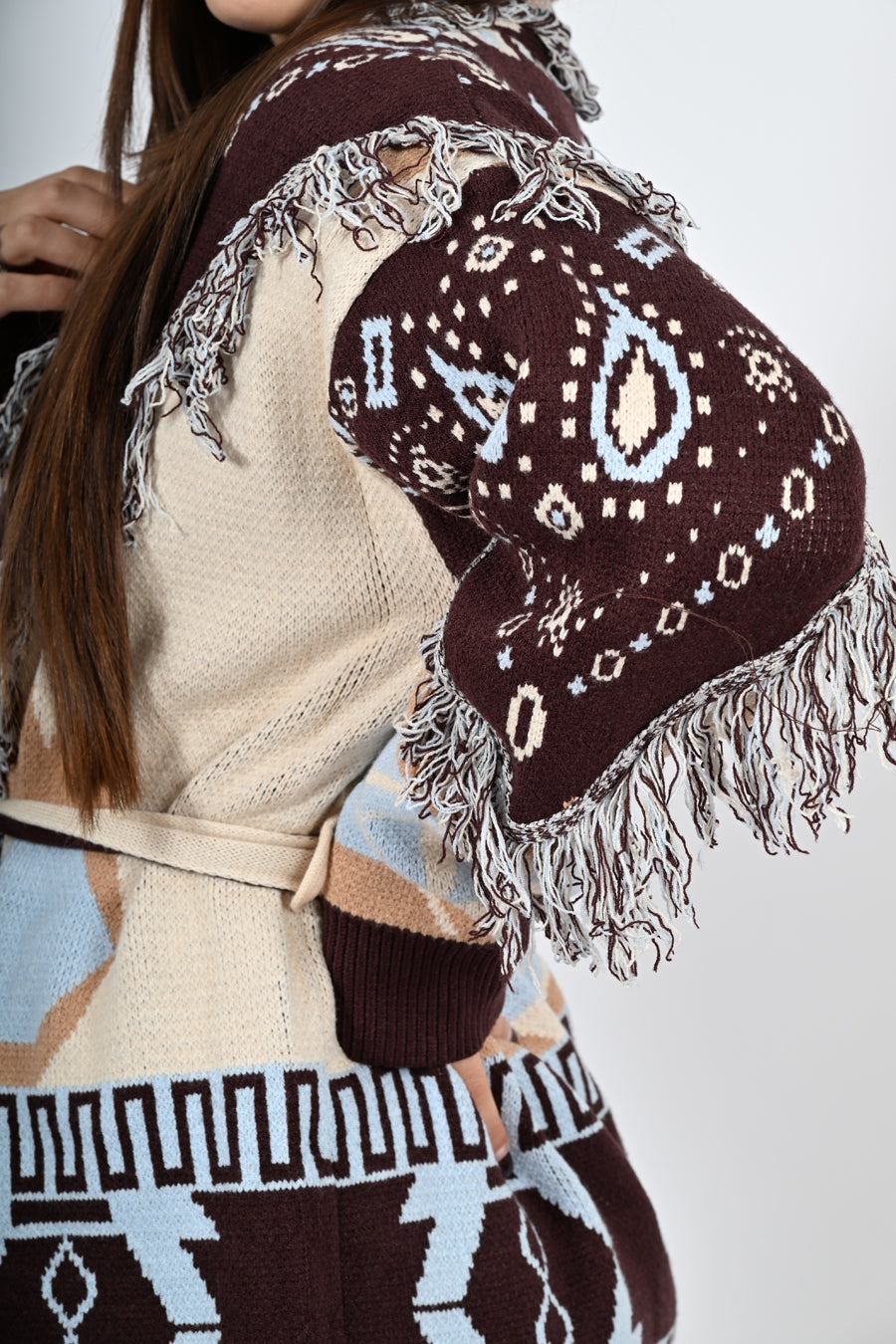 Cardigan in fantasia con frange lungo