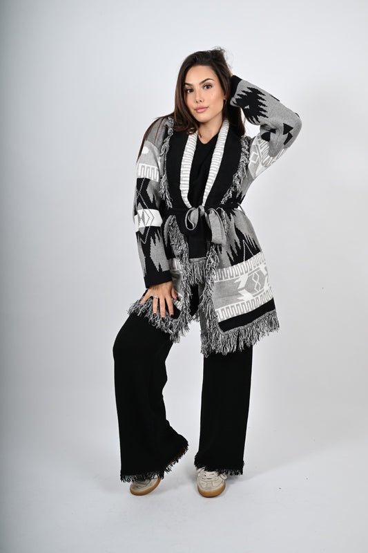 Cardigan in fantasia con frange lungo