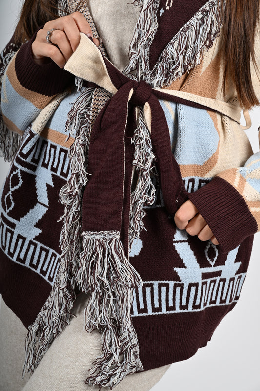 Cardigan in fantasia con frange lungo