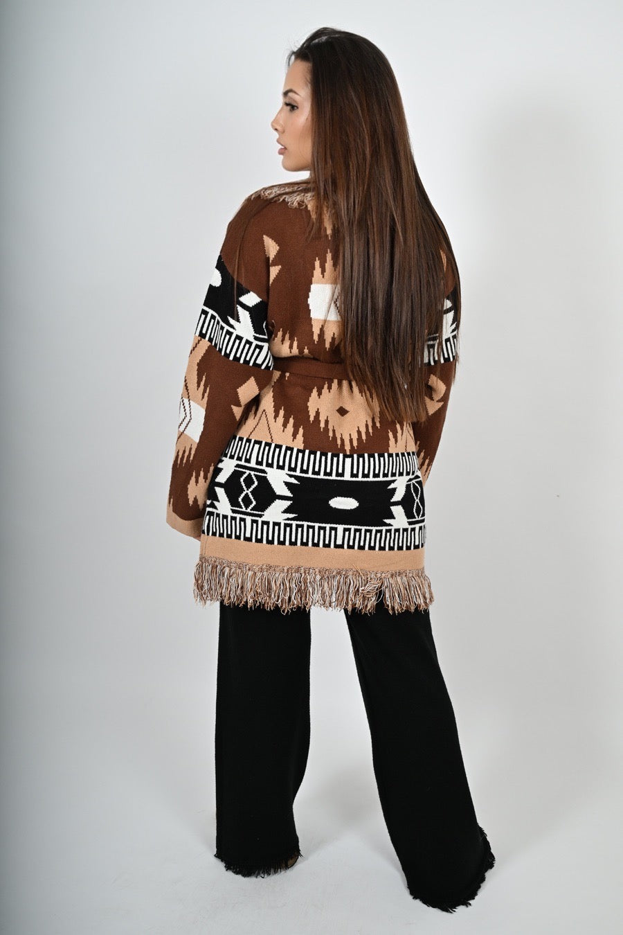 Cardigan in fantasia con frange lungo