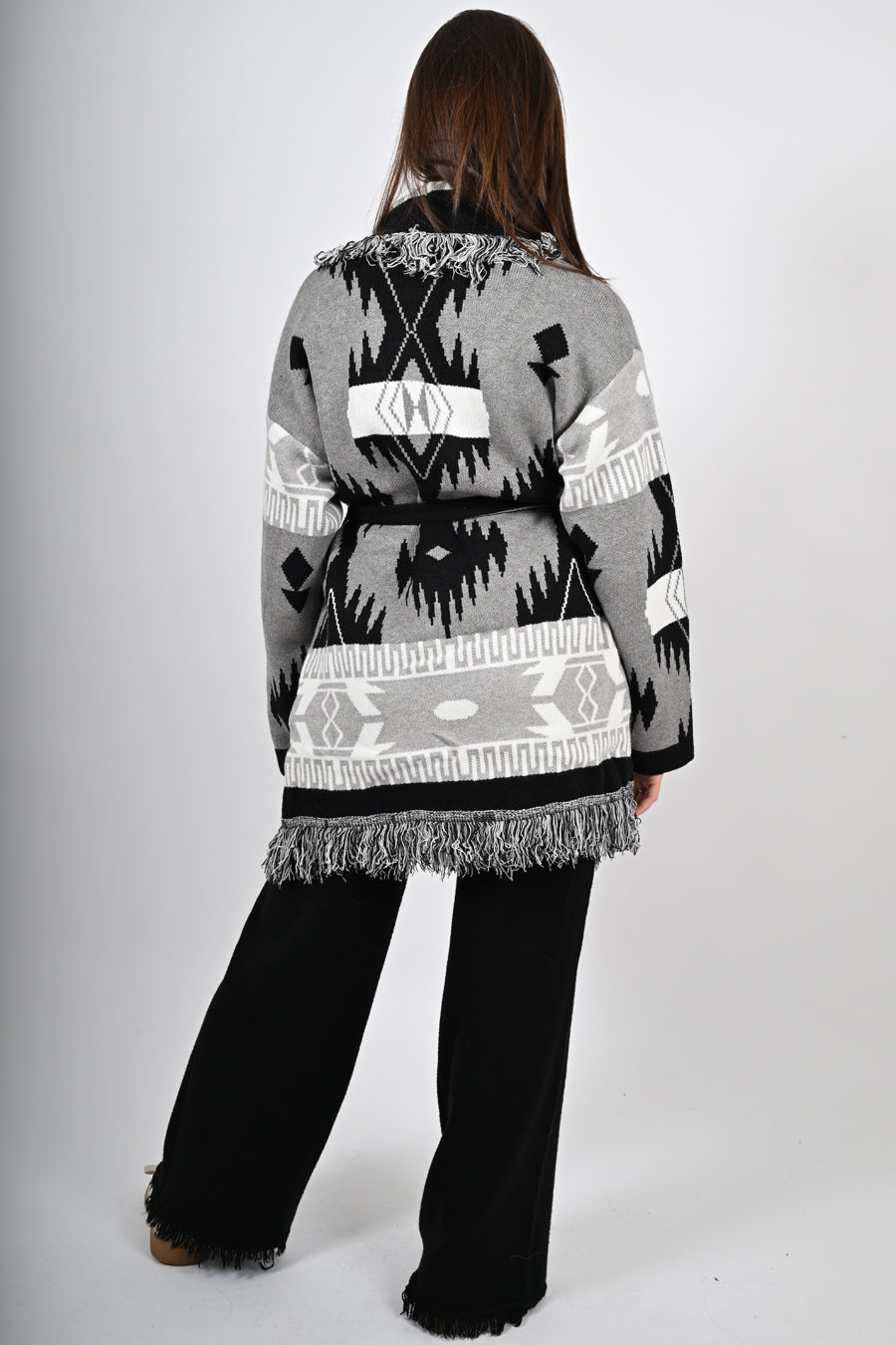 Cardigan in fantasia con frange lungo