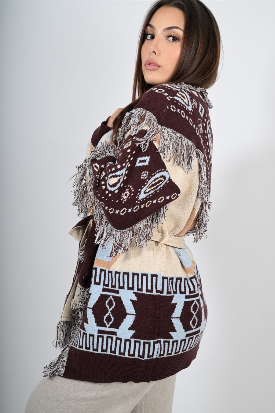 Cardigan in fantasia con frange lungo