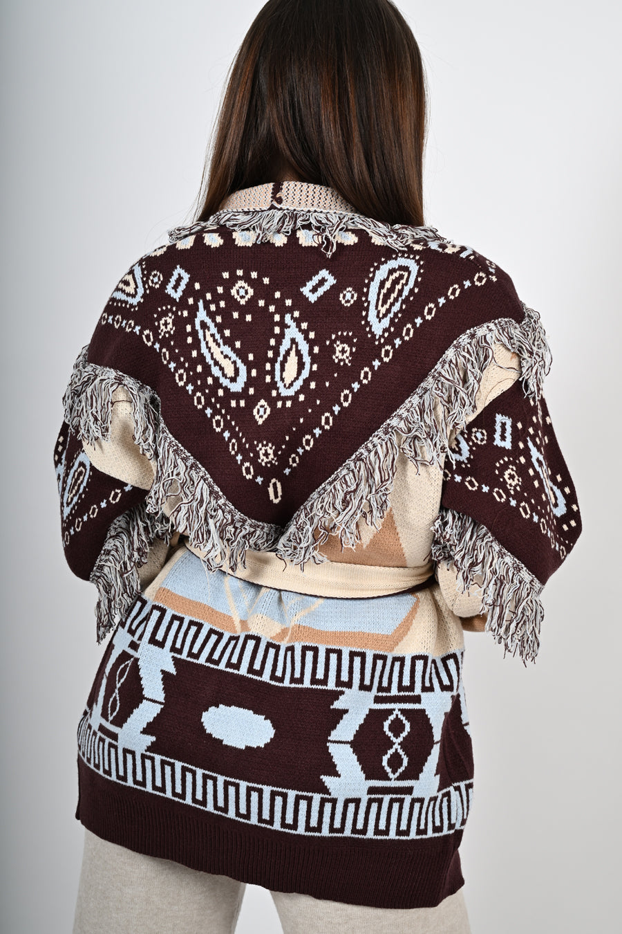 Cardigan in fantasia con frange lungo